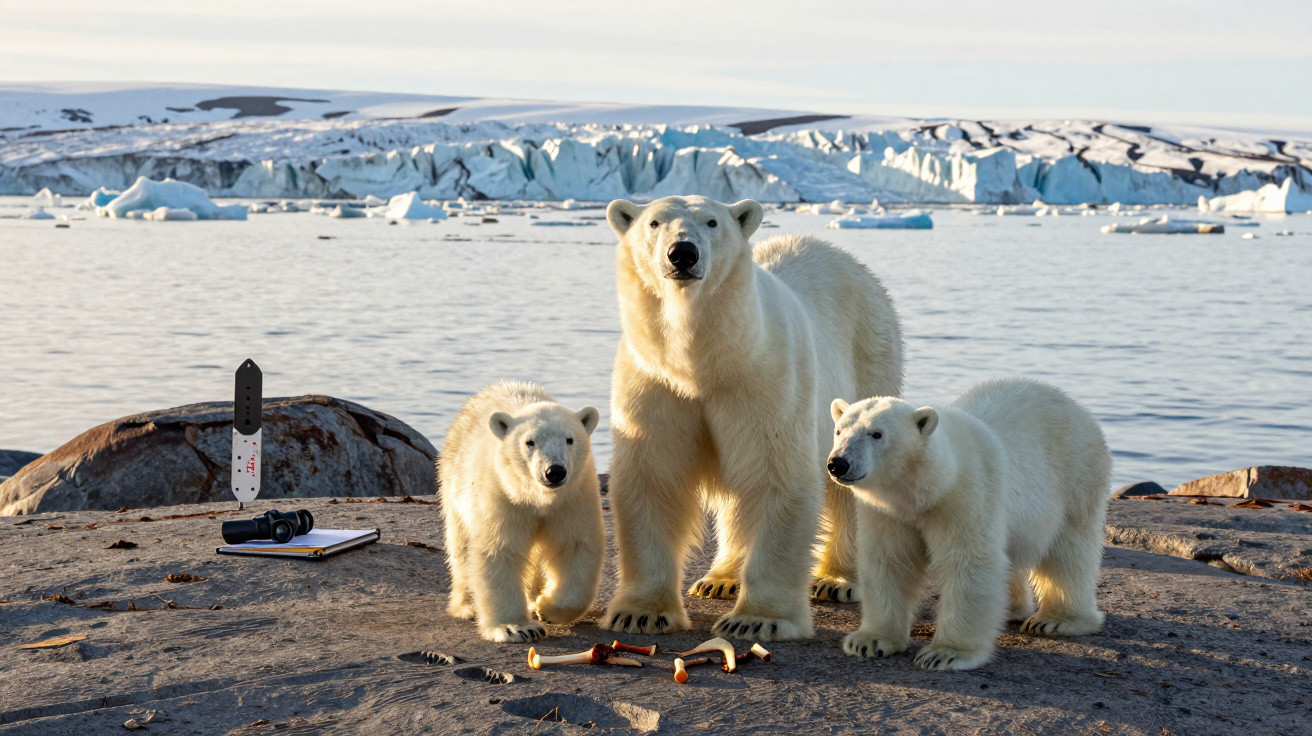 Polar bear mother and two cubs standing on rocky shore with icy Arctic landscape in the background.