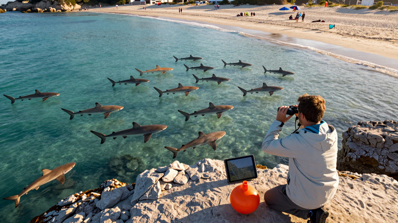 Person observing a school of sharks swimming close to a rocky shore near a sandy beach using binoculars.