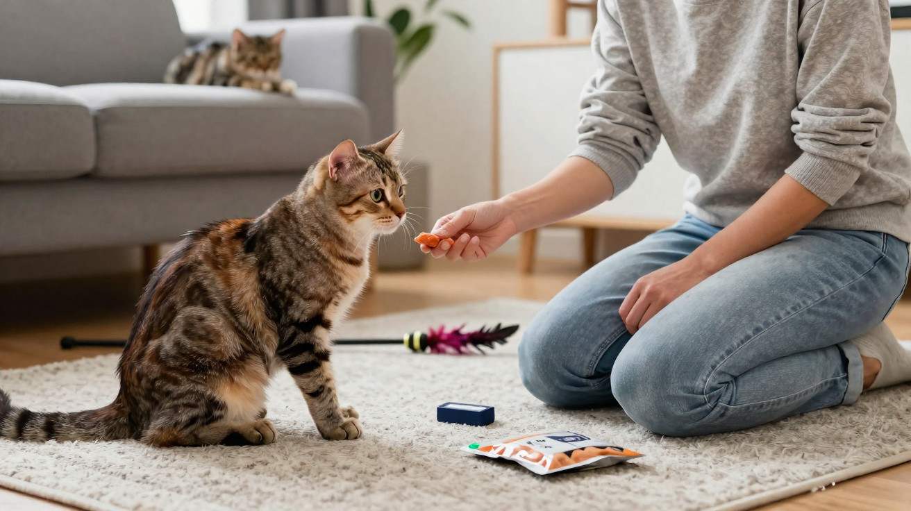 Person kneeling on a rug offering a treat to a tabby cat while another cat rests on a sofa in the background.