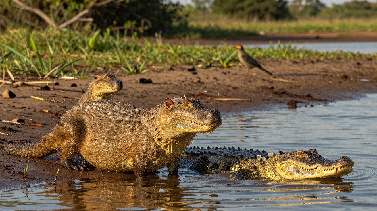 A caiman and a crocodile standing in shallow water near a riverbank with a bird in the background.