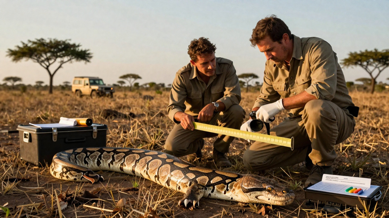 Two researchers measuring a large python on dry grassland with equipment boxes and safari vehicle nearby.