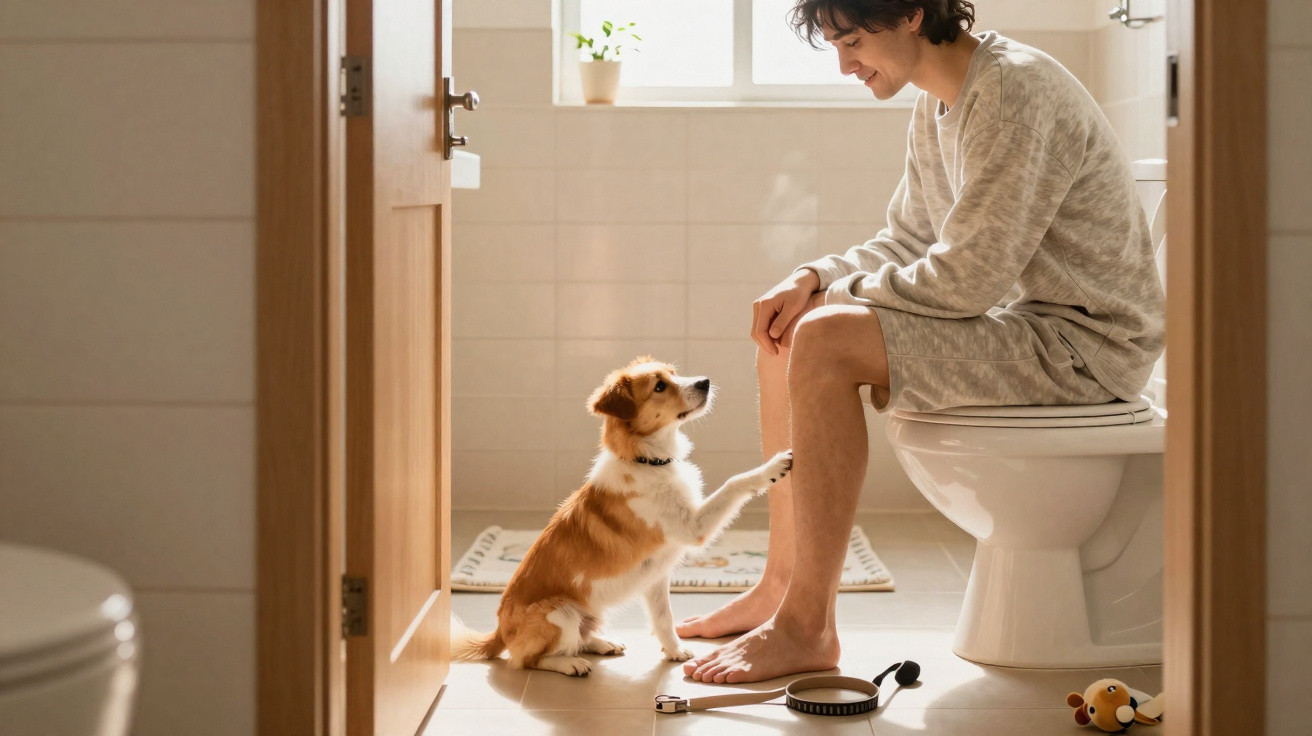 Young man sitting on a toilet in a bathroom while a small dog places a paw on his knee.