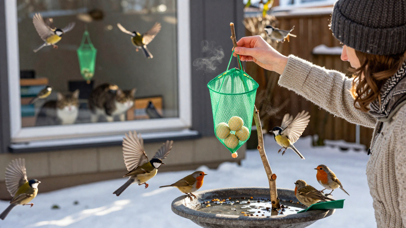 Person holding green bird feeder attracting various birds near snow-covered birdbath with cats watching through window.