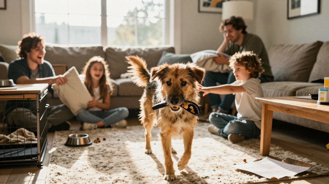 Playful dog holding a slipper in its mouth with a smiling family sitting on a sofa in a sunlit living room.