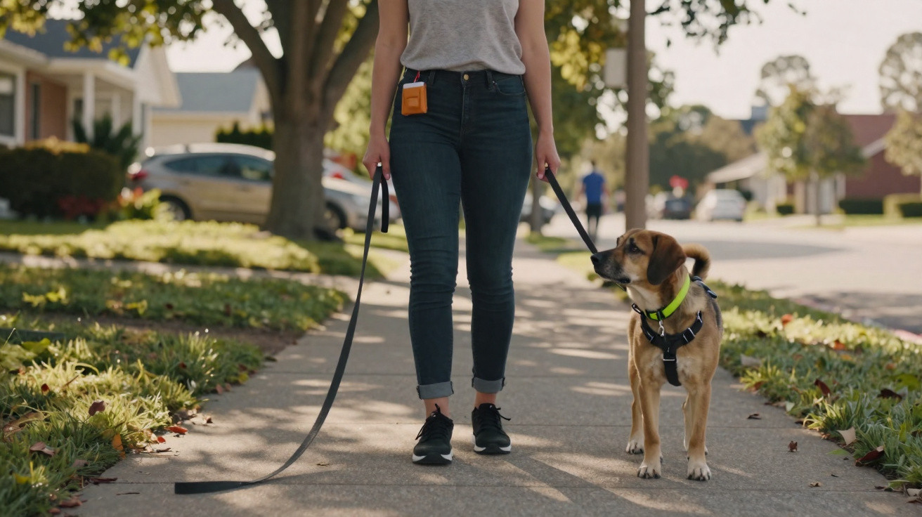 Person walking a dog on a suburban pavement on a sunny day with trees and houses in the background.