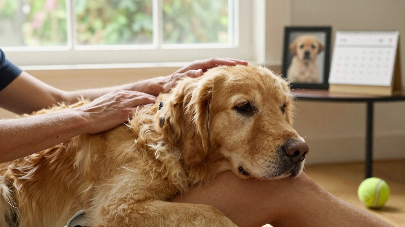 Golden retriever resting its head on a person's knee while being gently petted indoors near a window.