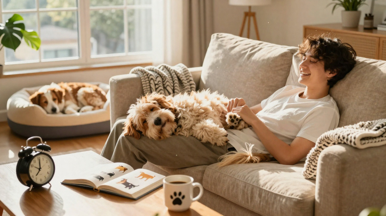 Young person smiling on sofa with a fluffy dog on their lap, another dog lying in a bed by the window.