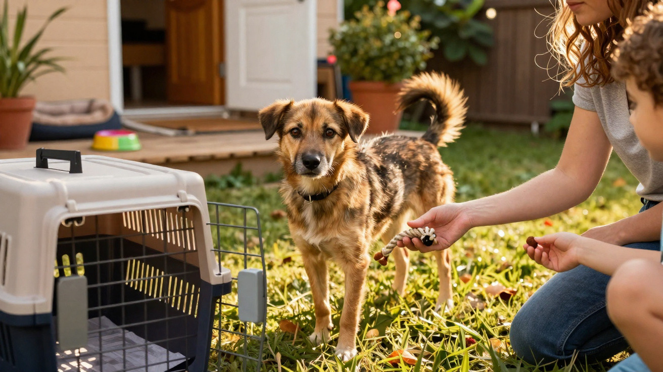 A dog standing on grass near a pet crate with two people offering a rope toy outside a house.