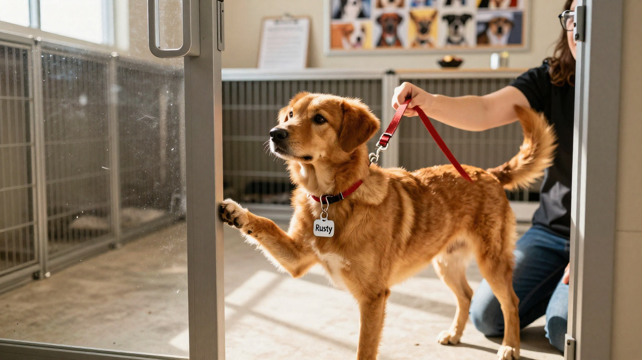Golden retriever named Rusty on a red leash reaching out to open a glass door indoors.