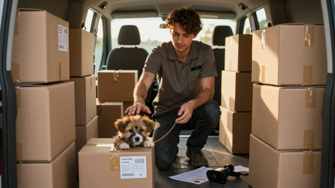 Man petting a puppy sitting on a cardboard box inside a van filled with stacked delivery parcels.