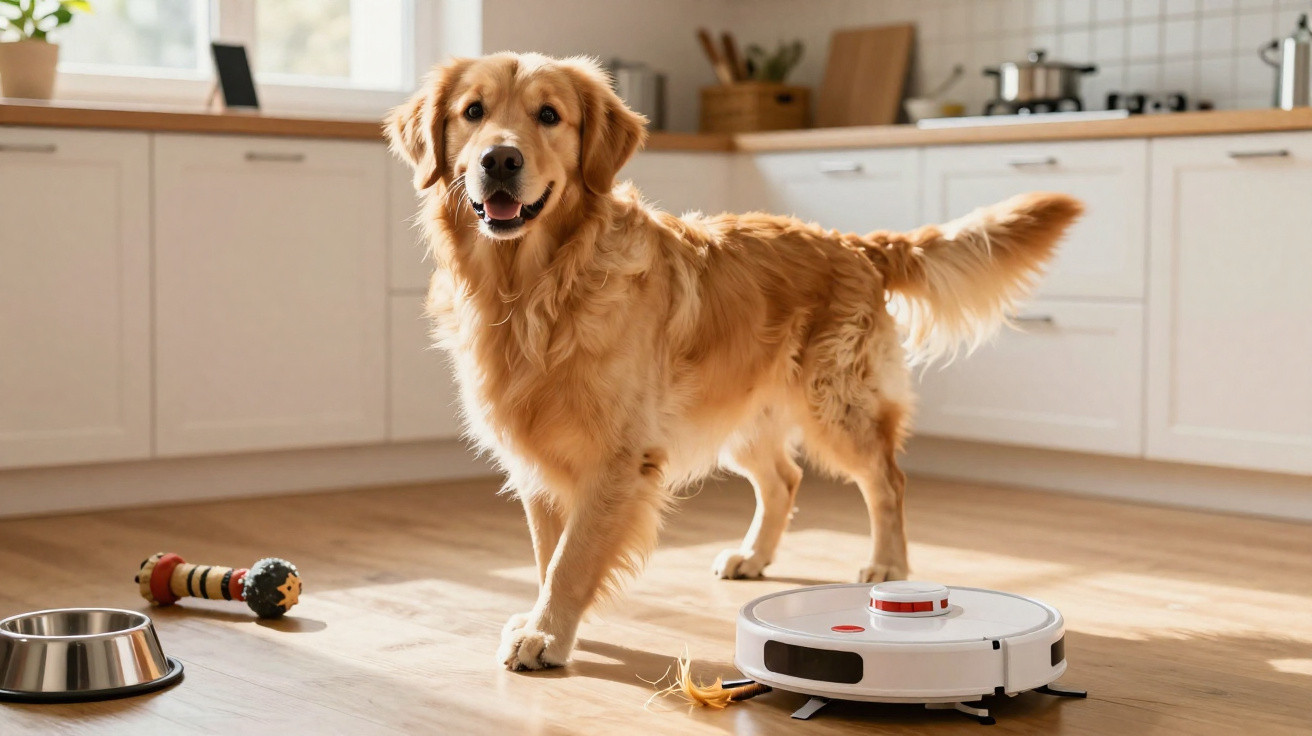 Golden retriever standing in a kitchen near a robotic vacuum, dog bowl, and chew toys on the floor.