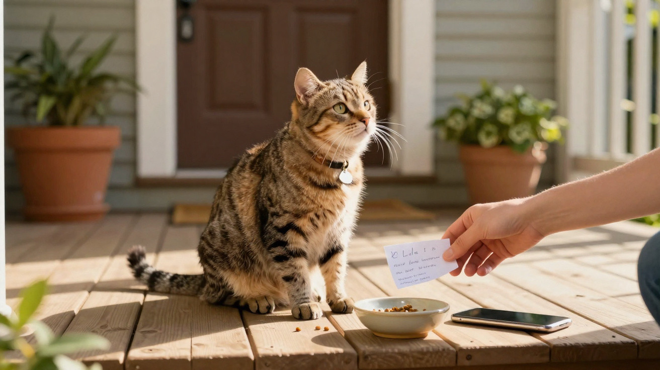Tabby cat sitting on a wooden porch next to a bowl of food and a person holding a note by a smartphone.