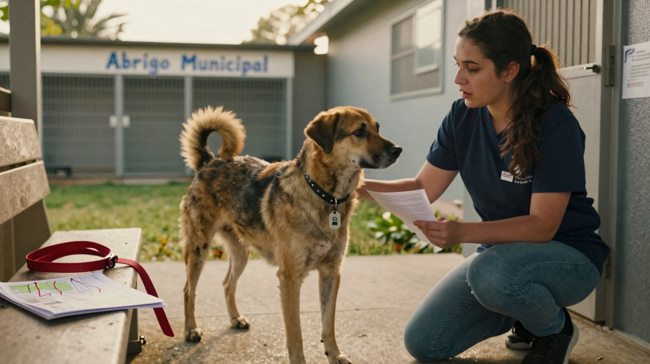Woman in a shelter uniform kneeling and interacting with a standing dog outside a building labeled "Abrigo Municipal."