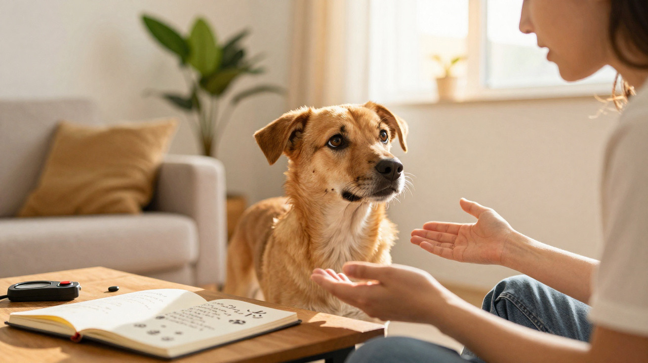 A woman training a brown dog indoors with a notebook and clicker on the table in a sunlit living room.