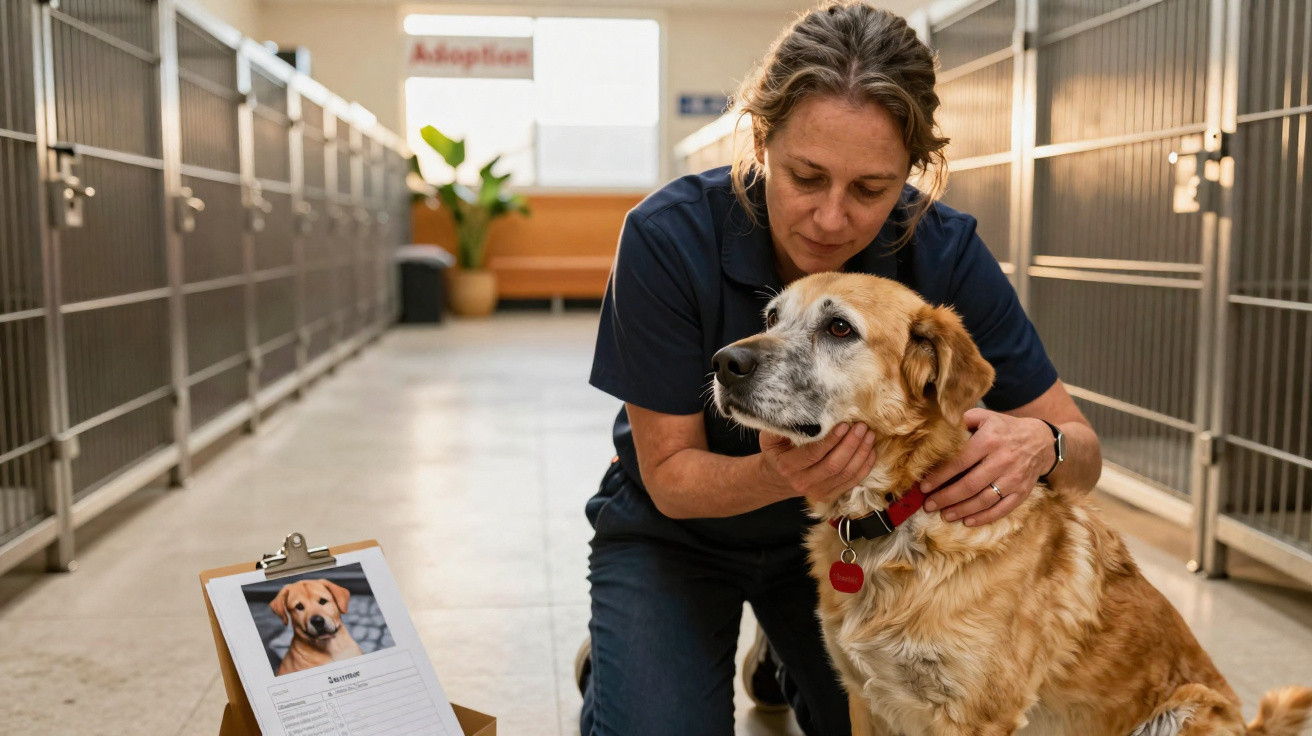 Woman comforting a large golden dog inside an animal shelter with adoption paperwork nearby.