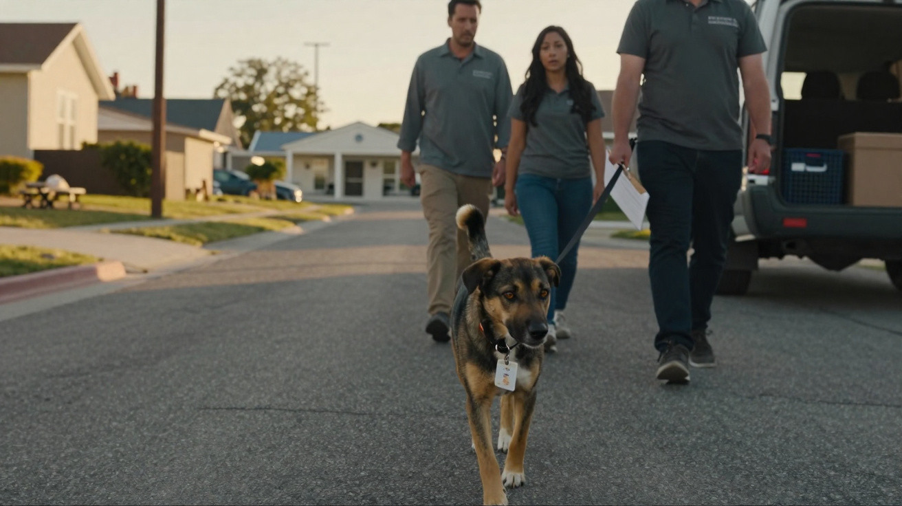 A dog on a leash walks ahead of three people strolling down a residential street at sunset.