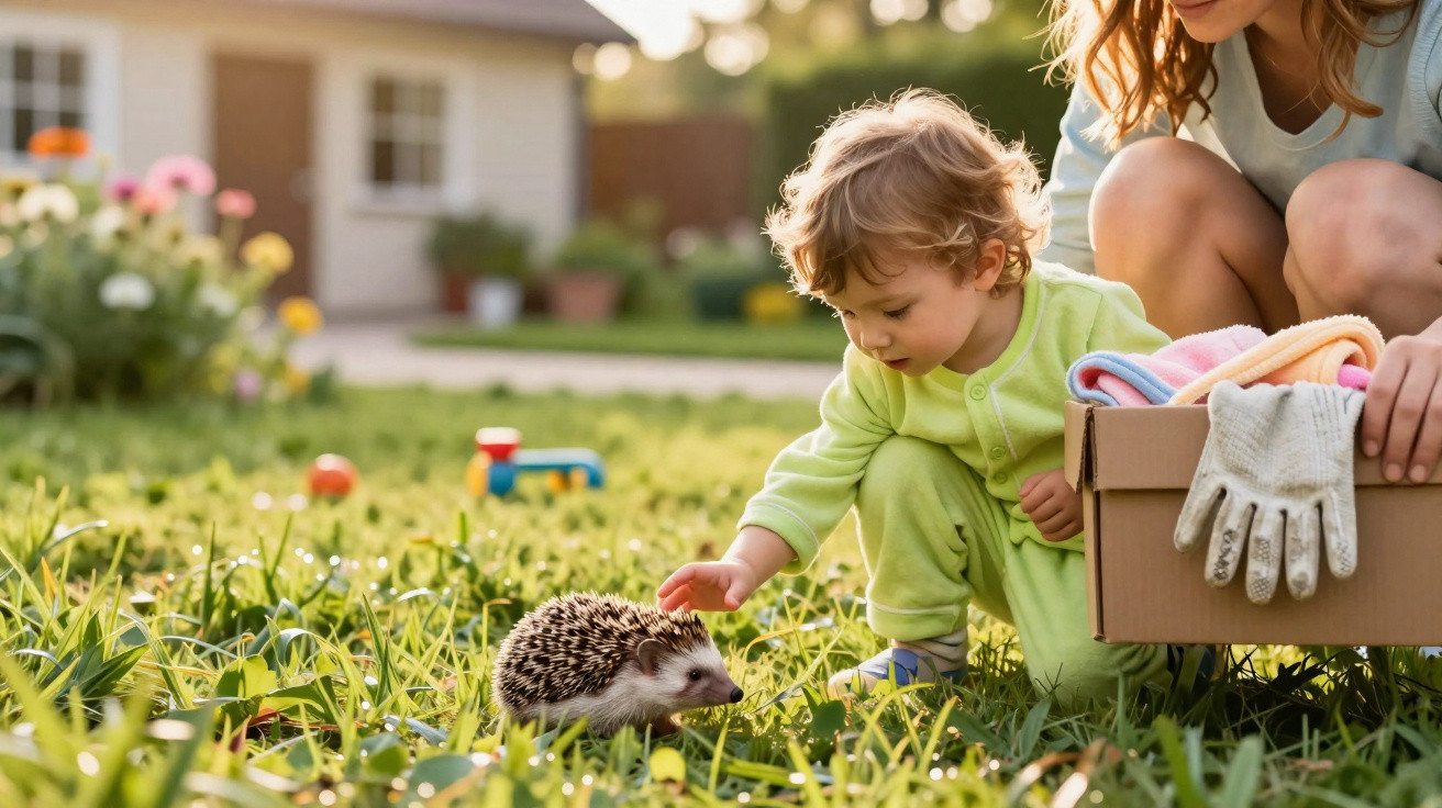 Toddler in green pajamas gently touching a hedgehog on grass with an adult holding a box of gardening gloves nearby.