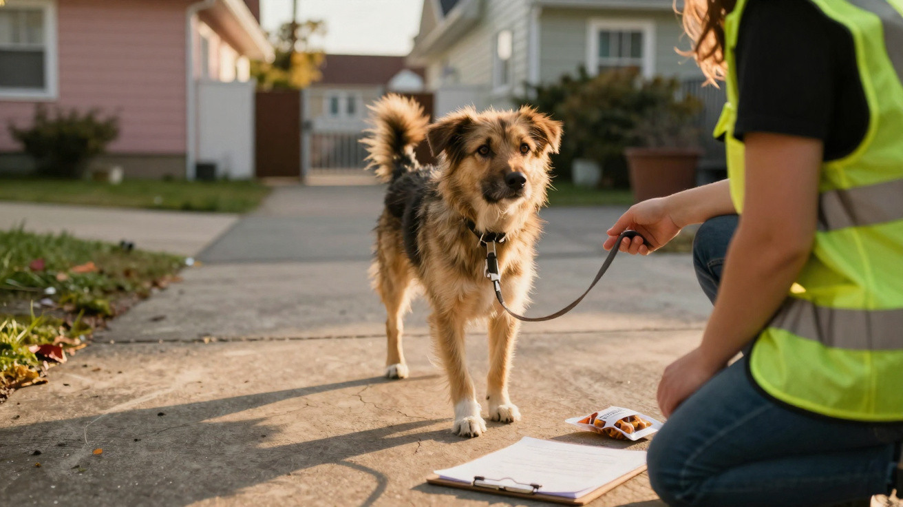 Mixed breed dog on a leash standing on a pavement facing a person wearing a yellow safety vest holding the lead.