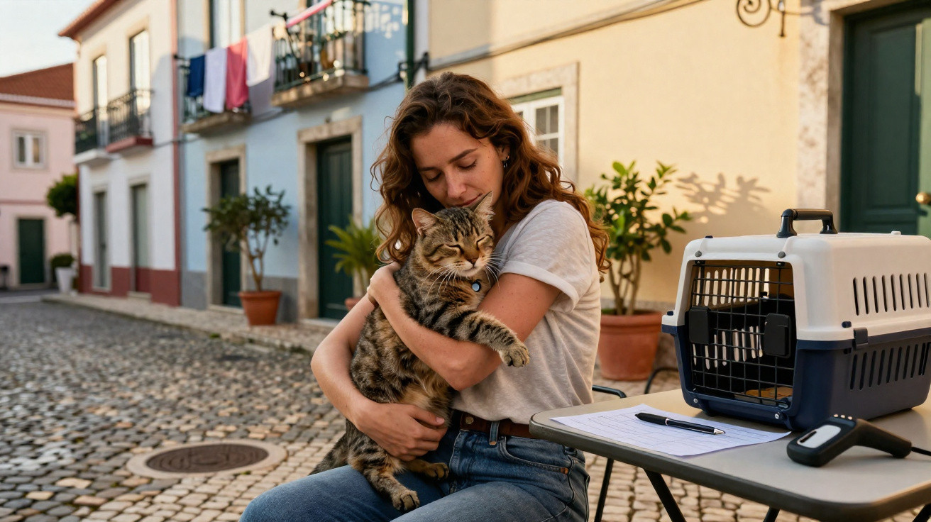 Woman sitting on a cobbled street, hugging a tabby cat beside a table with a pet carrier and documents.