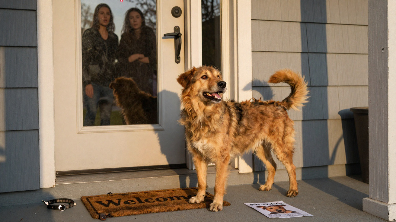 Golden-brown dog standing on a porch near a welcome mat and missing dog poster, with two people reflected in the door glass.