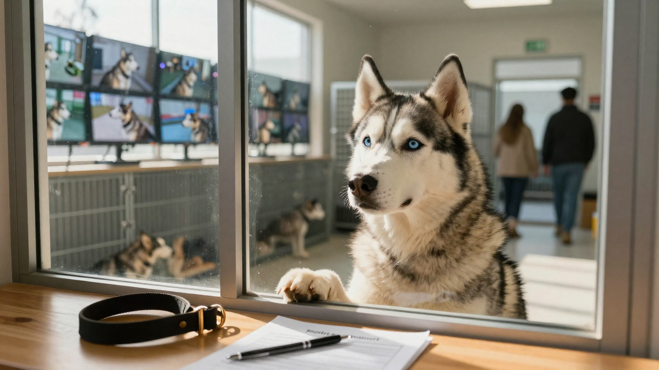 Siberian husky with blue eyes looks through a glass window at an office desk with paperwork and collar.
