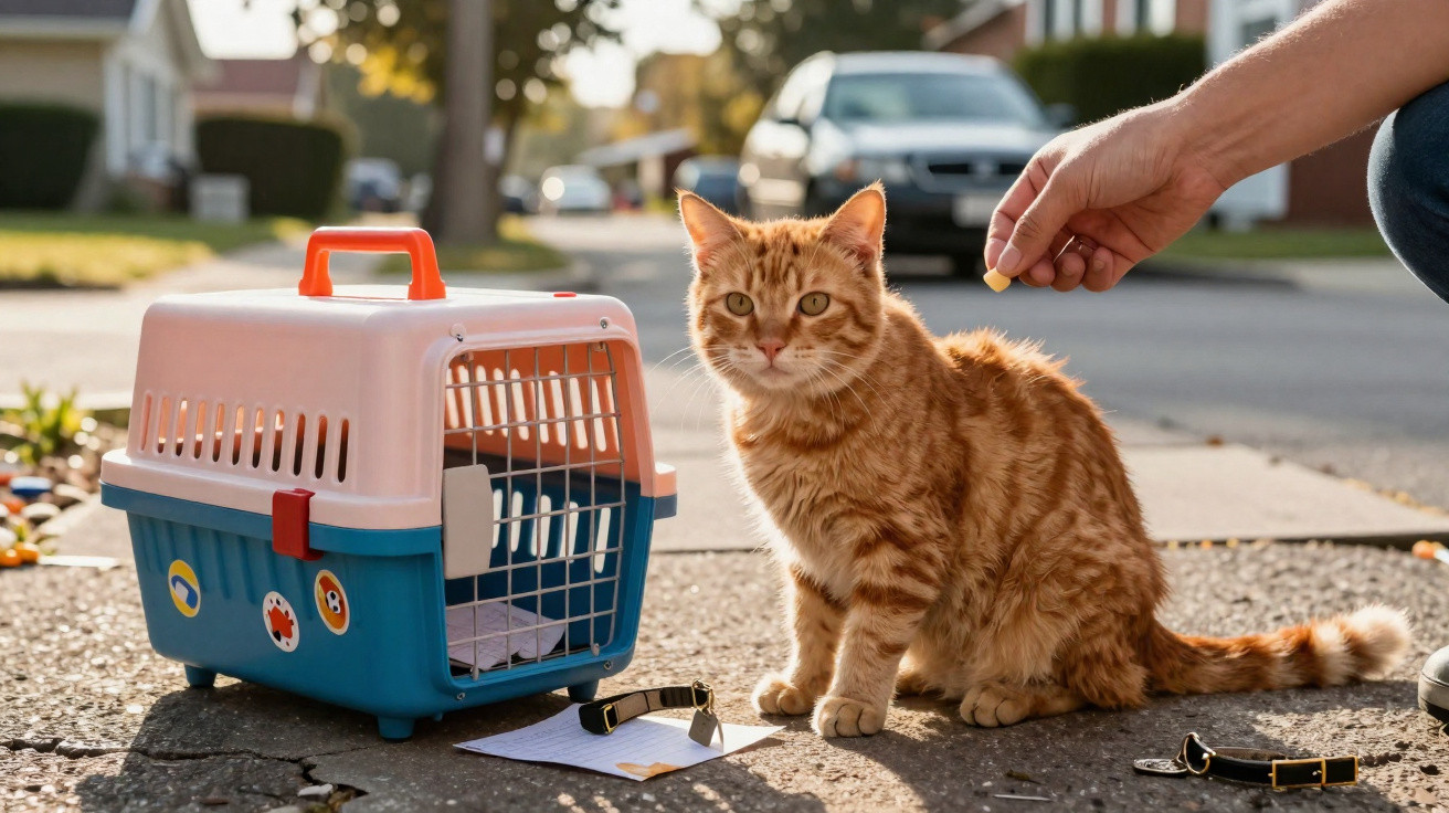 Orange tabby cat sitting on pavement beside a carrier while a hand offers a treat outdoors.