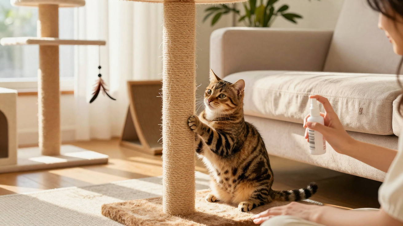 Tabby cat scratching a sisal post while a person holds a spray bottle in a sunlit living room.