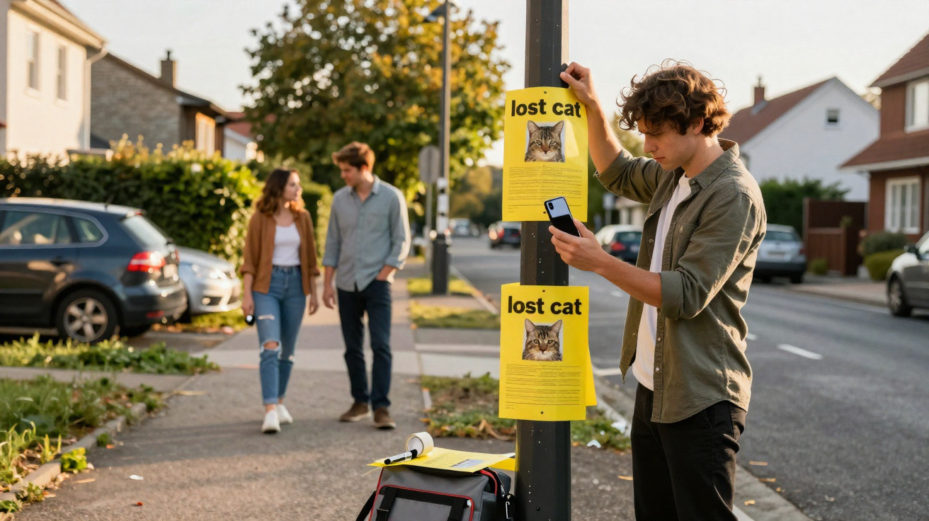 Man attaching lost cat posters to lamppost on suburban street while looking at phone, couple walking in background.