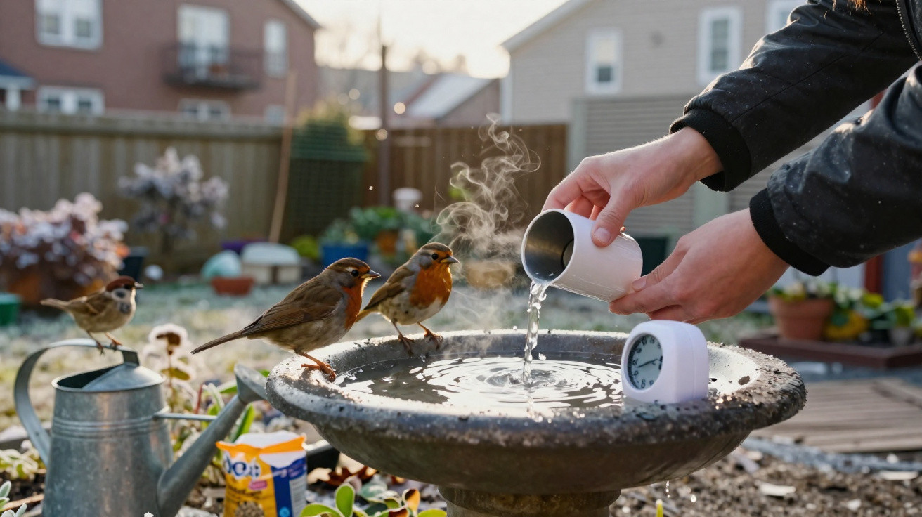 Person pouring hot water into a garden bird bath with three robins perched around it on a chilly day.