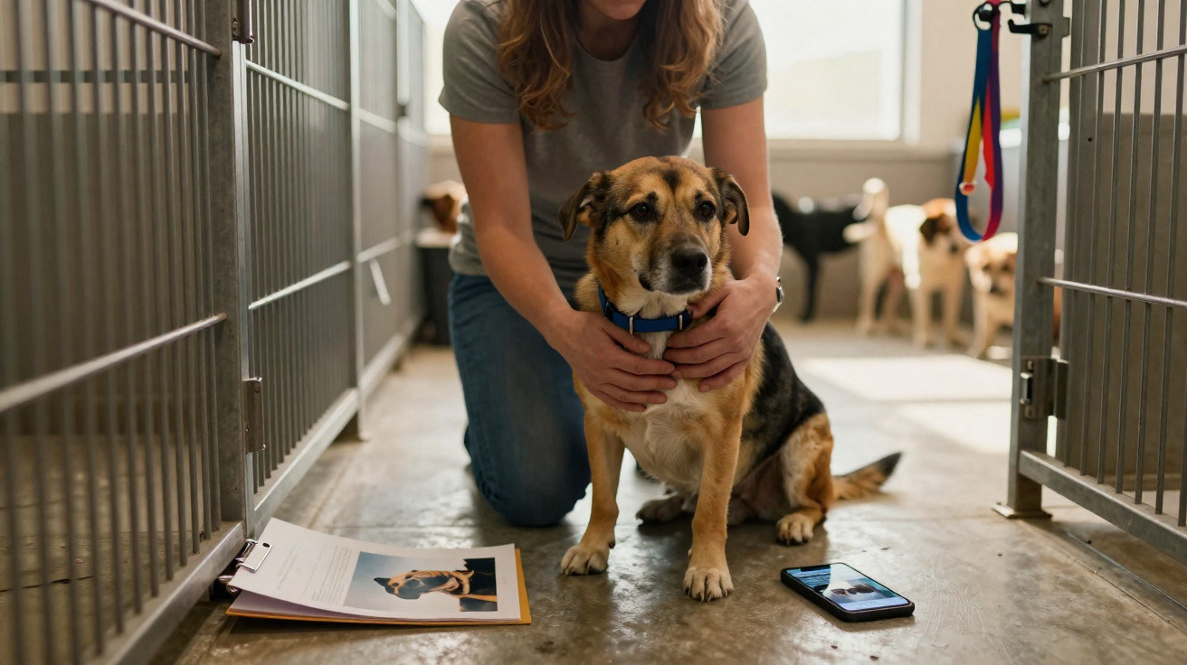 Person kneeling and holding a medium-sized dog inside an animal shelter with kennels and documents nearby.