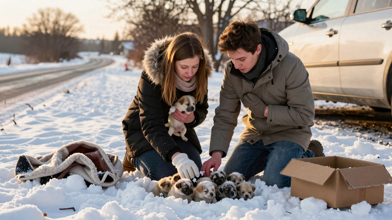 Two people kneeling in snow with a group of puppies beside a cardboard box and a car on a winter road.