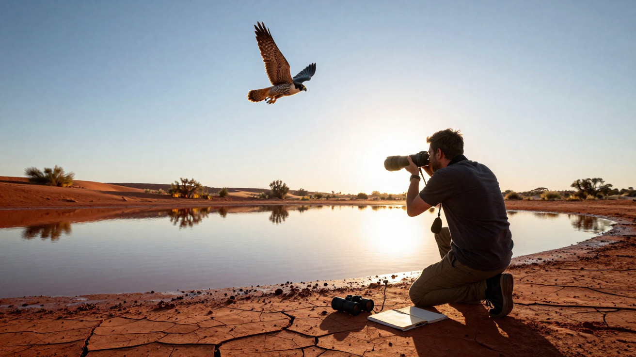 Photographer kneeling by a desert waterhole capturing a bird in flight at sunset with cracked ground and binoculars nearby.