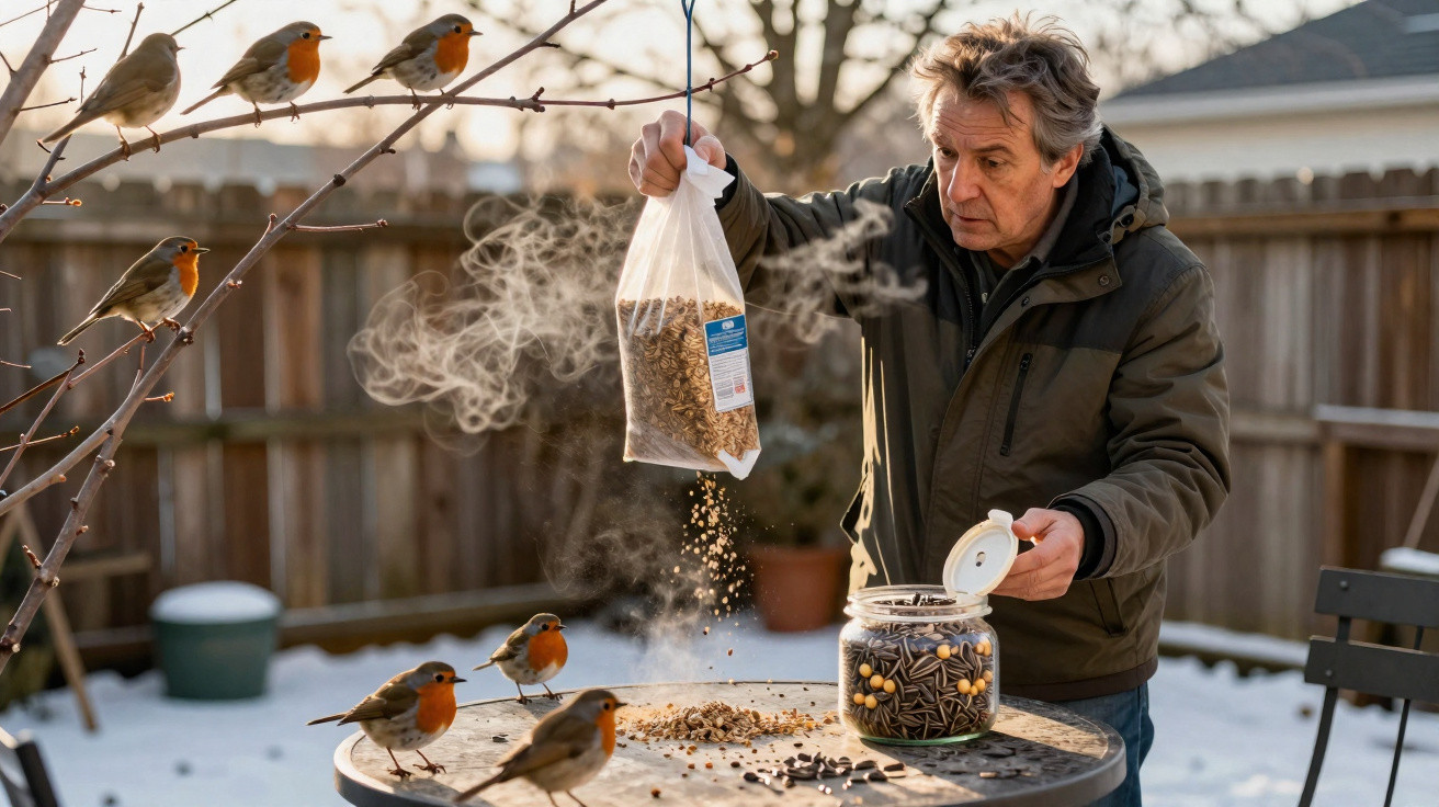 Man in winter coat feeding robins seeds in snowy garden at dawn with steam rising from the table.