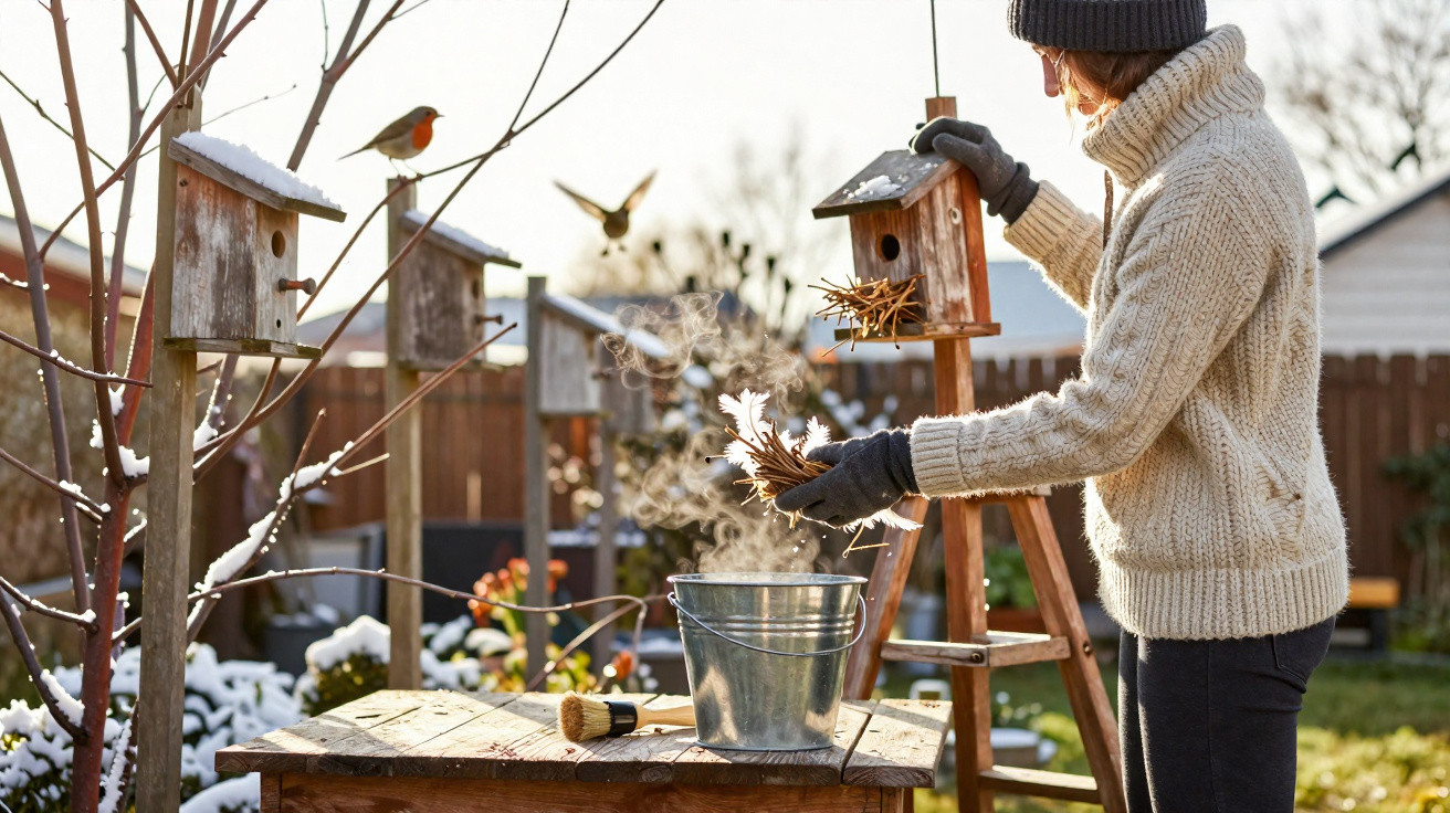Person refilling birdhouse with twigs on a sunny winter day with birds and snow in a garden.
