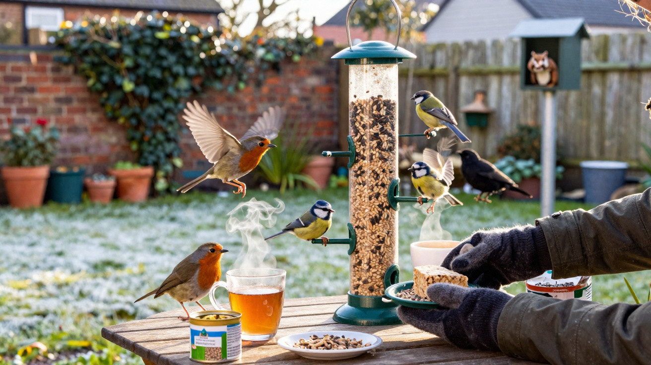 Bird feeder with various birds eating seeds on a frosty garden table with a steaming cup of tea nearby.