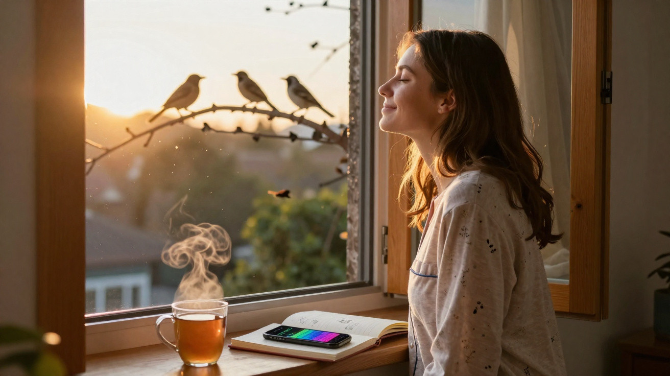 Woman in pyjamas enjoys morning sunlight by a window with birds on a branch and a steaming cup of tea nearby