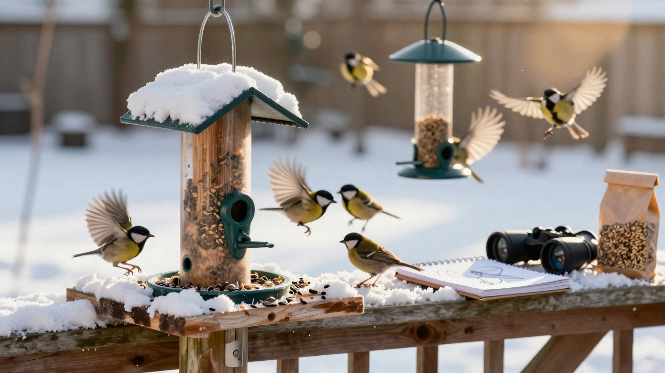 Great tits feeding at snow-covered bird feeders on a wooden fence with binoculars and a bird sketchbook nearby