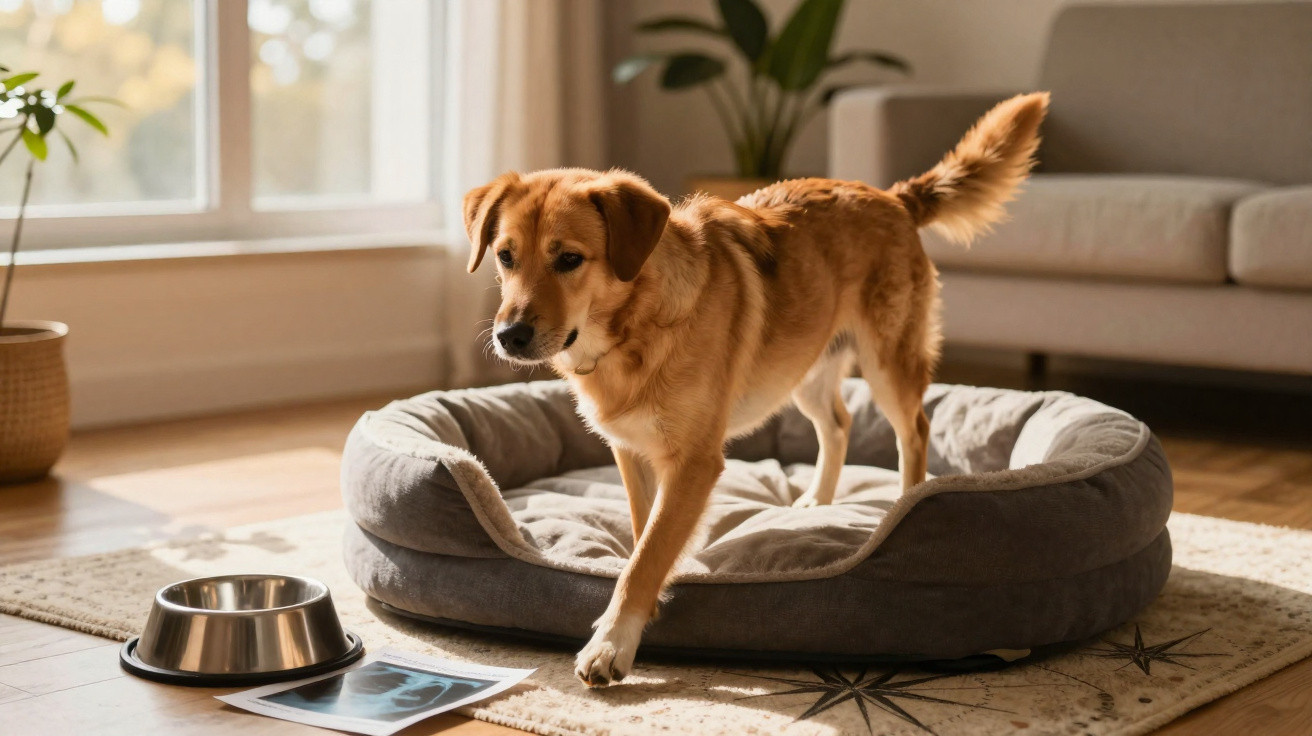 Brown dog stepping out of a grey pet bed in a sunlit living room with a food bowl nearby.