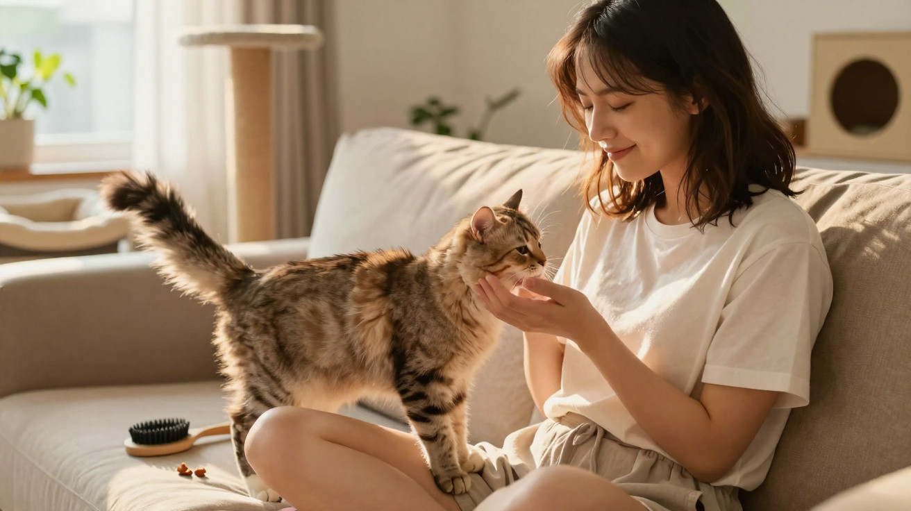 Young woman sitting on a sofa gently petting a standing tabby cat in a sunlit room.