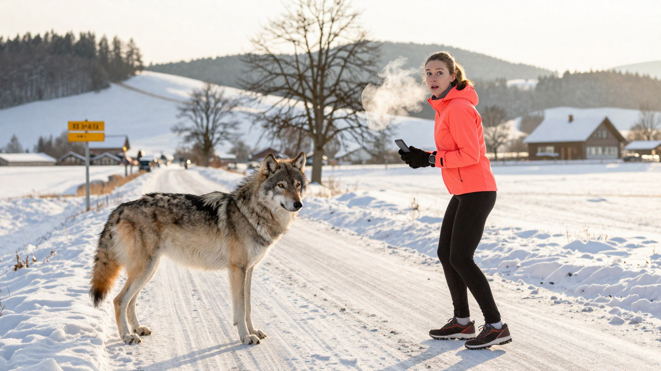 Woman in bright jacket surprised by wolf standing on snowy rural road with breath visible in cold air.