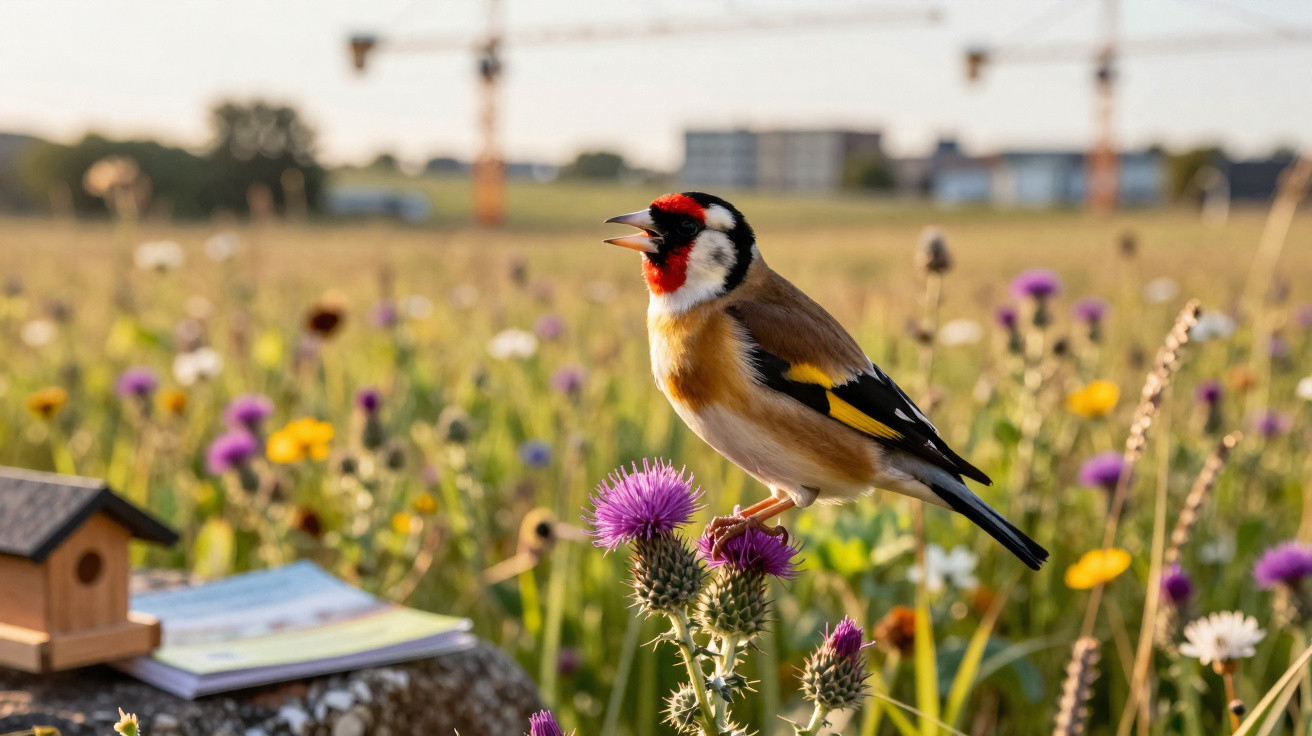 European goldfinch perched on a purple thistle flower in a wildflower meadow with cranes in the background