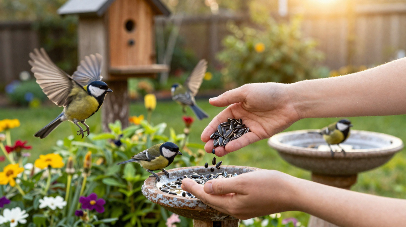 Two hands feeding sunflower seeds to great tits near a bird feeder in a colourful garden.