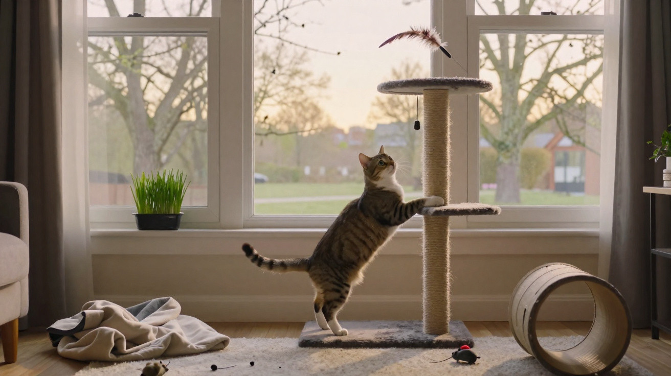 Tabby cat stretching on a scratching post near a large window with a view of trees and houses.