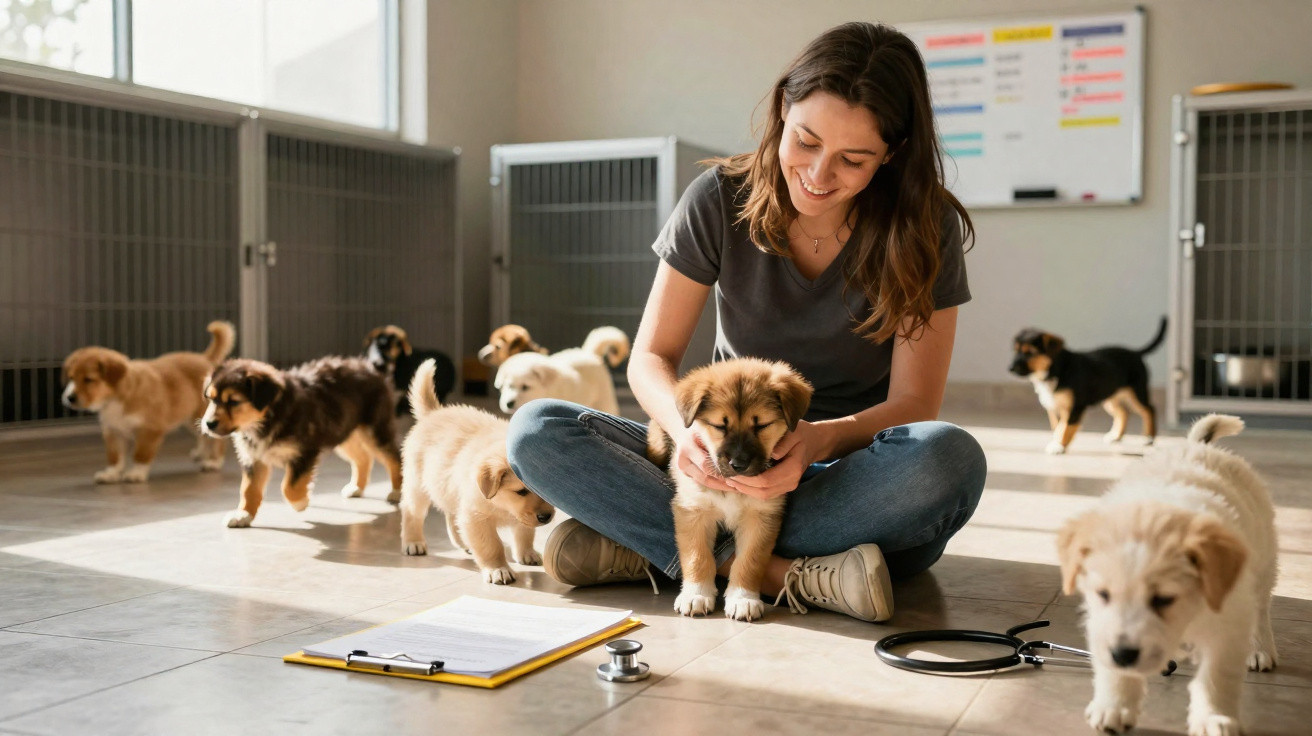 Woman sitting on floor surrounded by puppies in a bright room with a clipboard and stethoscope nearby.