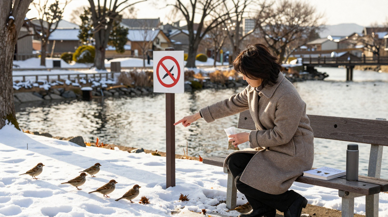 Woman feeding birds in the snow by a lake near a no feeding sign, sitting on a bench with a book and flask.