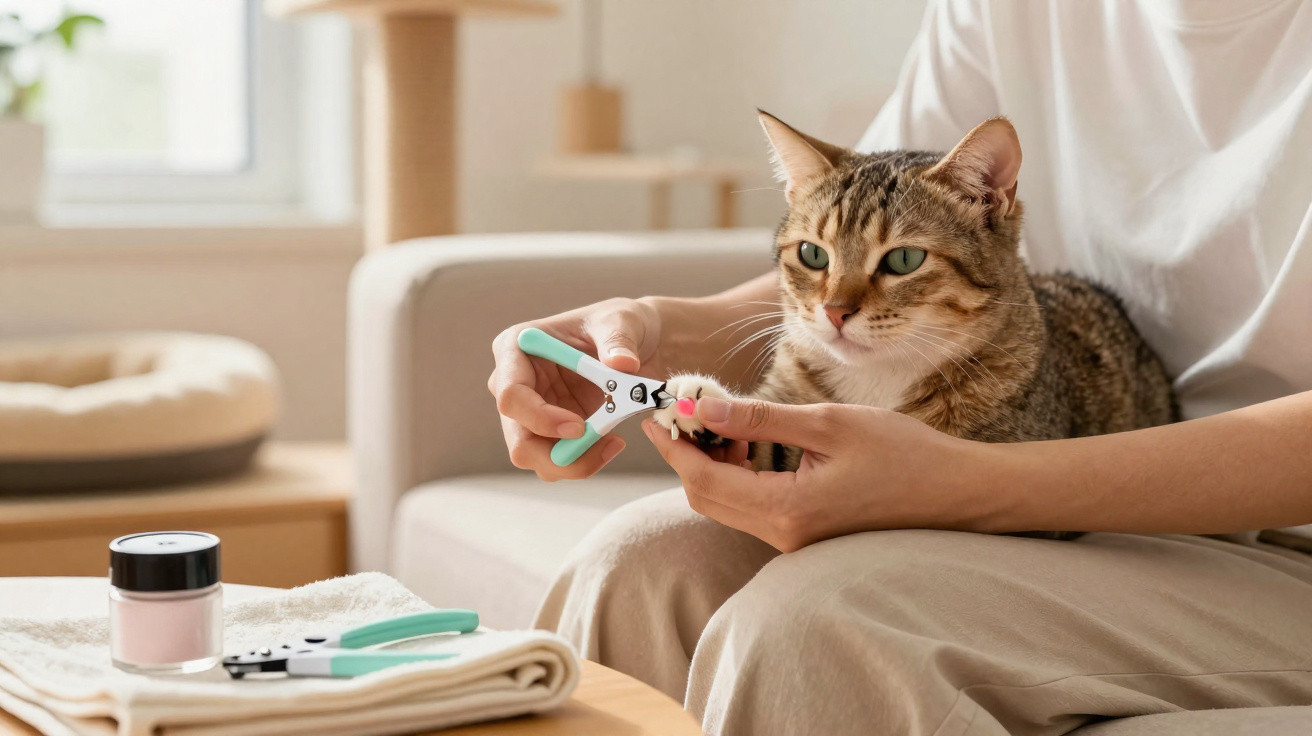 Person trimming a brown tabby cat's claws with nail clippers while sitting on a sofa.