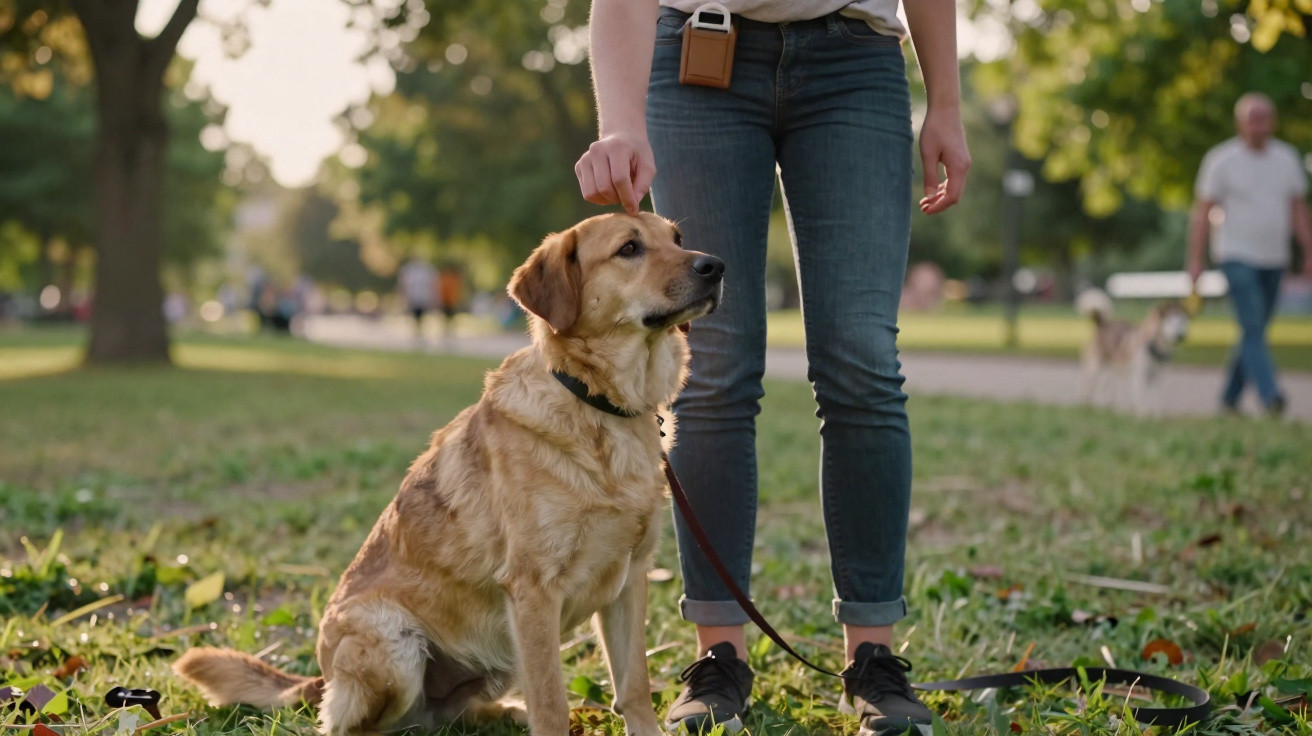 Person standing beside a sitting golden retriever dog on grass in a park during daylight.
