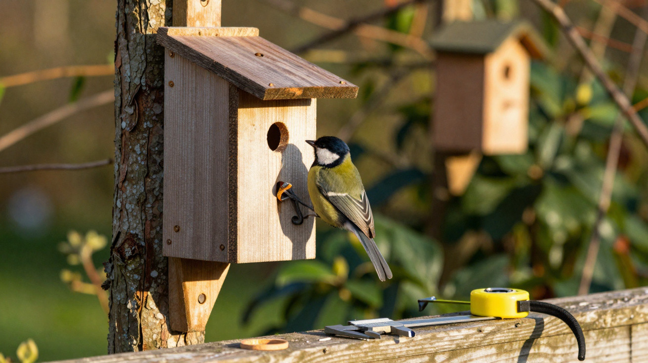 Great tit perched on the entrance of a wooden birdhouse attached to a tree in a garden setting.