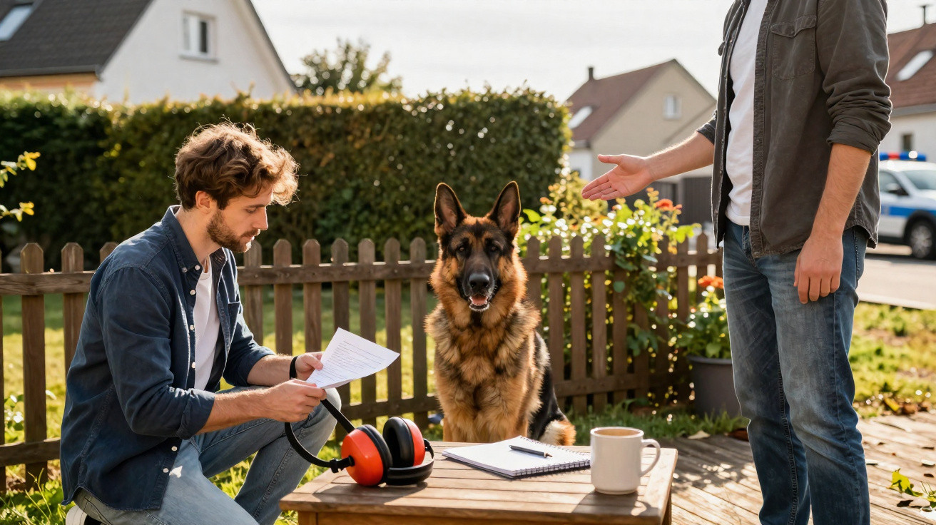 Two men interact with a German Shepherd dog beside a wooden fence in a sunny backyard.