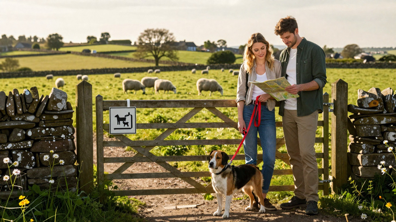Couple with dog standing by wooden gate in countryside with sheep grazing in background on sunny day.
